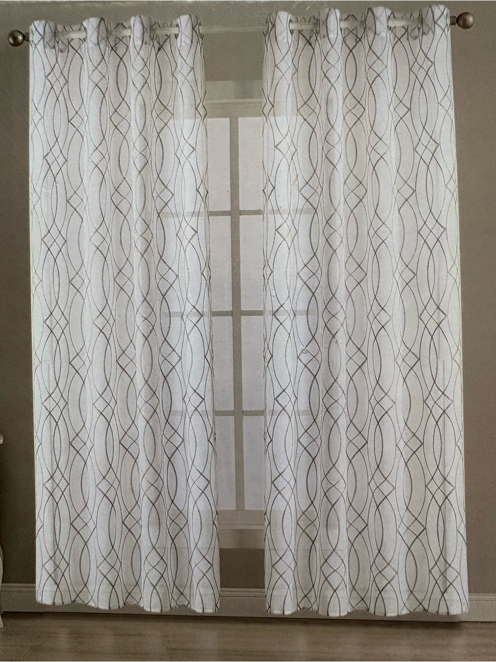 White Geometric Sheer Curtain Panel with tan/beige embroidery